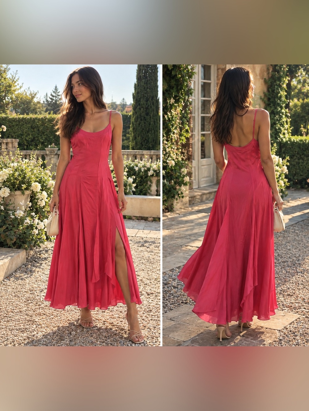 Massimo Dutti Pink Fuchsia Flowing Strappy Layered Maxi Dress | US 8
